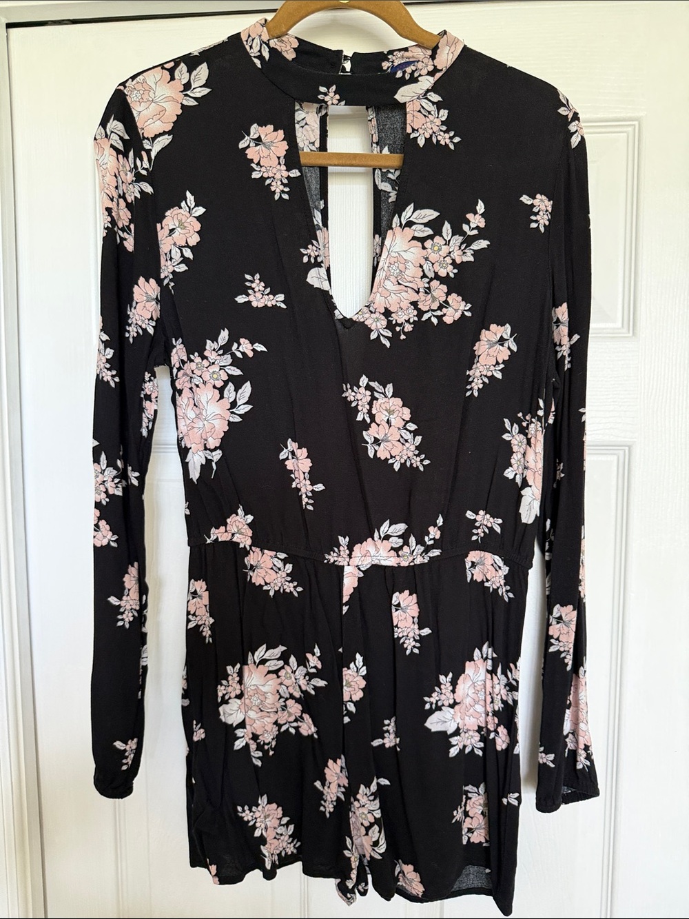 Women's Black Floral Long-Sleeve Romper with Pink Blooms